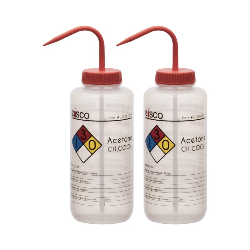 EISCO 2PK Wash Bottle for Acetone, 1000ml - Labeled with Color Coded Chemical & Safety Information (4 Colors) - Wide Mouth, Self Venting, Low Density Polyethylene Labs - Image 1